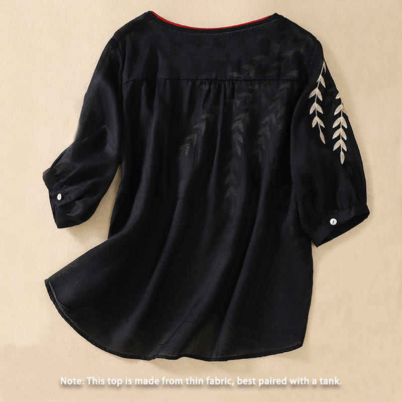 Buddha Stones刺繍の葉柄レディースコットンリネン半袖Tシャツ - image 23