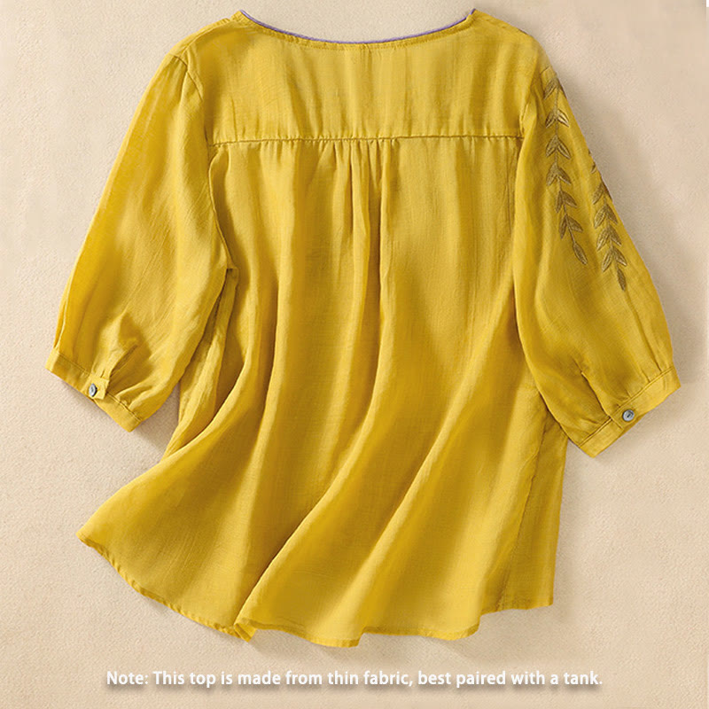 Buddha Stones刺繍の葉柄レディースコットンリネン半袖Tシャツ - image 1
