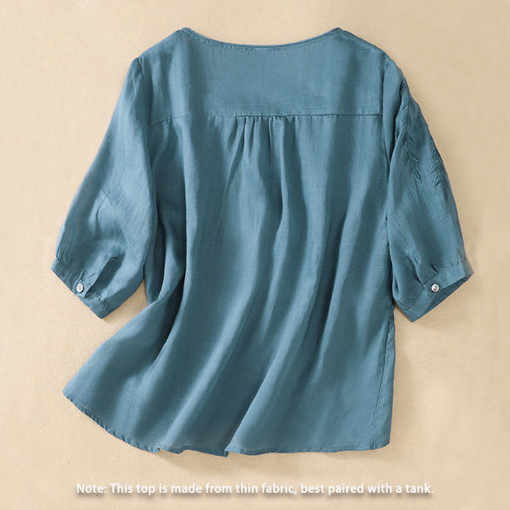 Buddha Stones刺繍の葉柄レディースコットンリネン半袖Tシャツ - image 31