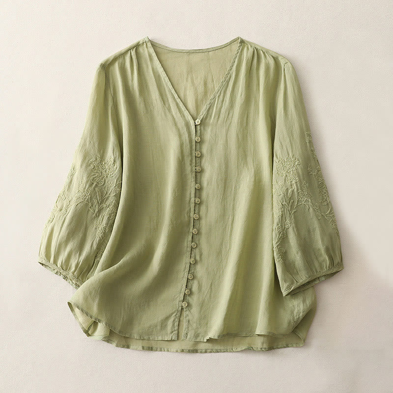 Buddha Stones刺繍ボタンダウンレディースコットンリネンシャツ - 黄緑 - US8-10，UK/AU12-14，EU40-42 (2XL) - image 1