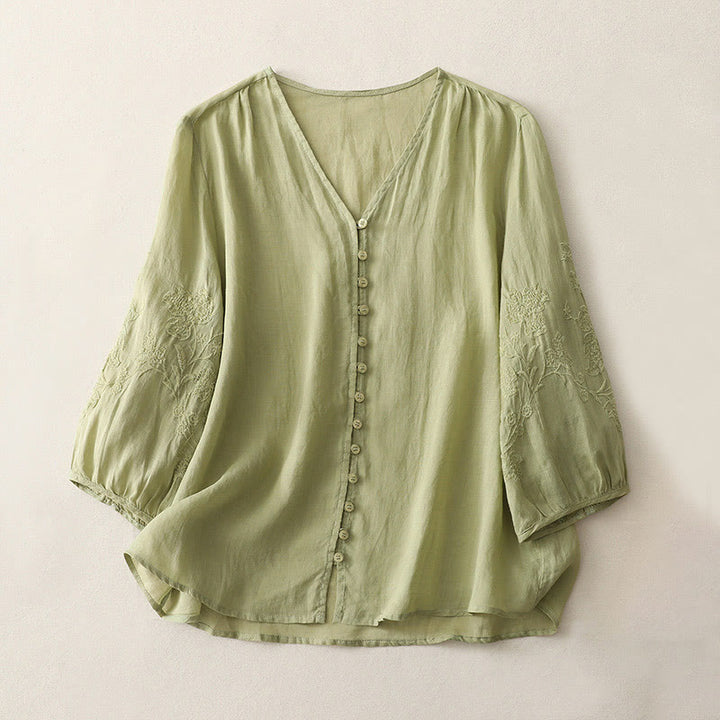Buddha Stones刺繍ボタンダウンレディースコットンリネンシャツ - 黄緑 - US8-10，UK/AU12-14，EU40-42 (2XL) - image 1