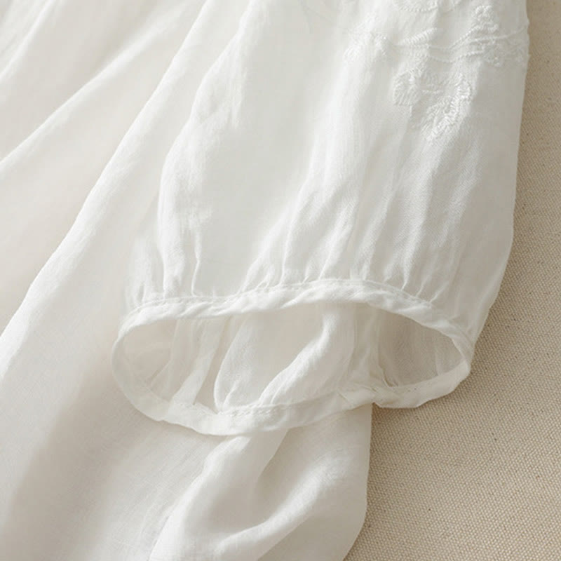 Buddha Stones刺繍ボタンダウンレディースコットンリネンシャツ - image 11