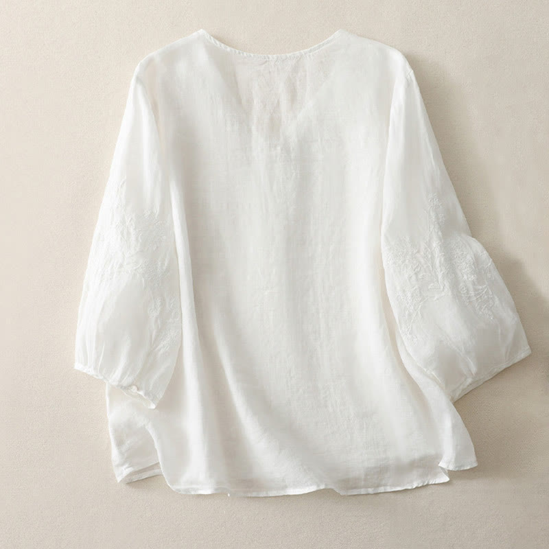 Buddha Stones刺繍ボタンダウンレディースコットンリネンシャツ - image 9