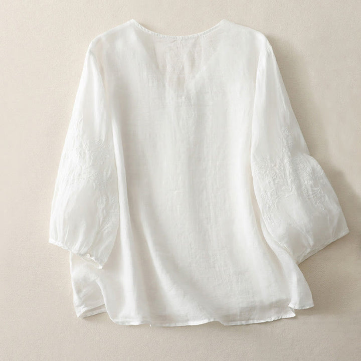 Buddha Stones刺繍ボタンダウンレディースコットンリネンシャツ - image 9