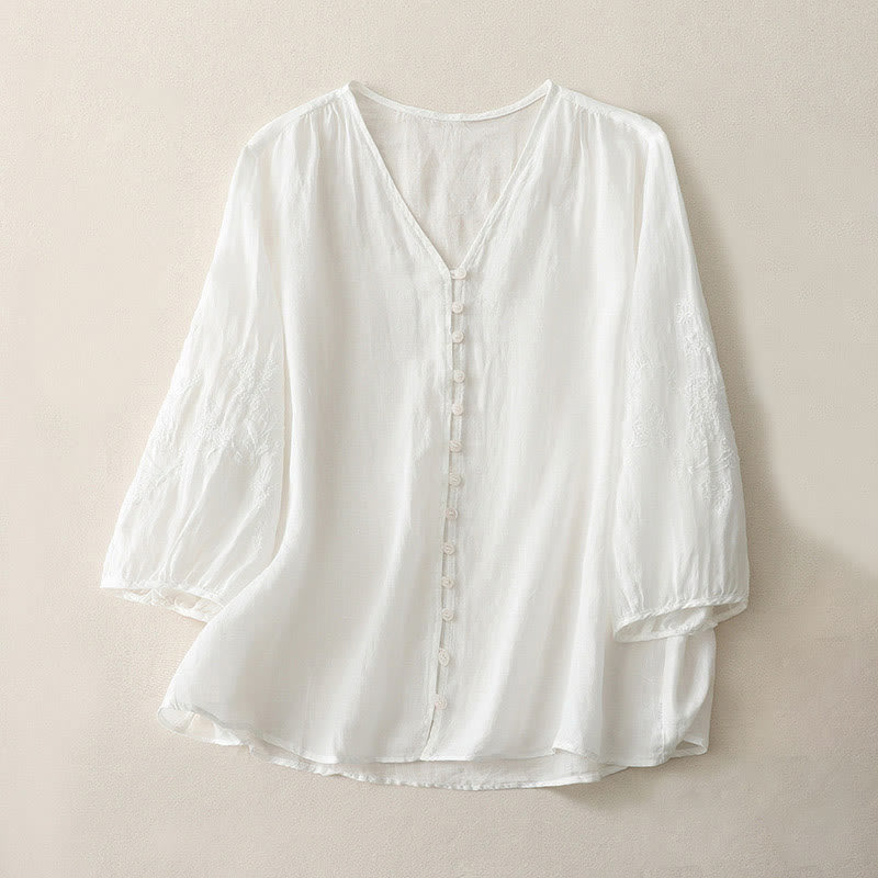 Buddha Stones刺繍ボタンダウンレディースコットンリネンシャツ - 白 - US8-10，UK/AU12-14，EU40-42 (2XL) - image 6
