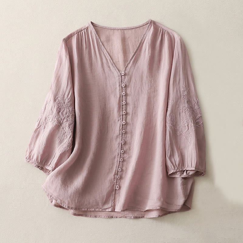 Buddha Stones刺繍ボタンダウンレディースコットンリネンシャツ - 梅 - US8-10，UK/AU12-14，EU40-42 (2XL) - image 17