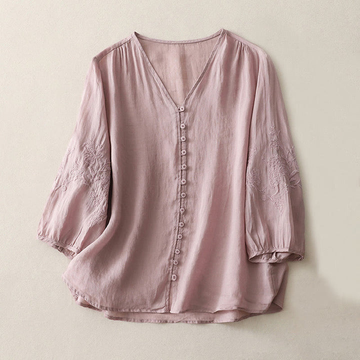 Buddha Stones刺繍ボタンダウンレディースコットンリネンシャツ - 梅 - US8-10，UK/AU12-14，EU40-42 (2XL) - image 17