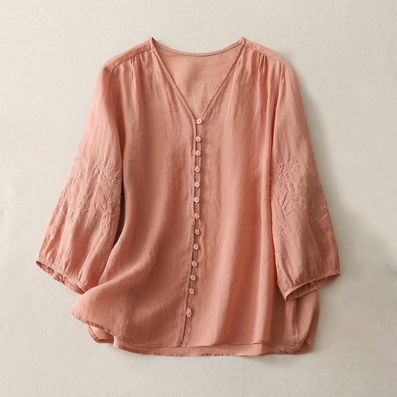 Buddha Stones刺繍ボタンダウンレディースコットンリネンシャツ - ライトサーモン - US8-10，UK/AU12-14，EU40-42 (2XL) - image 23