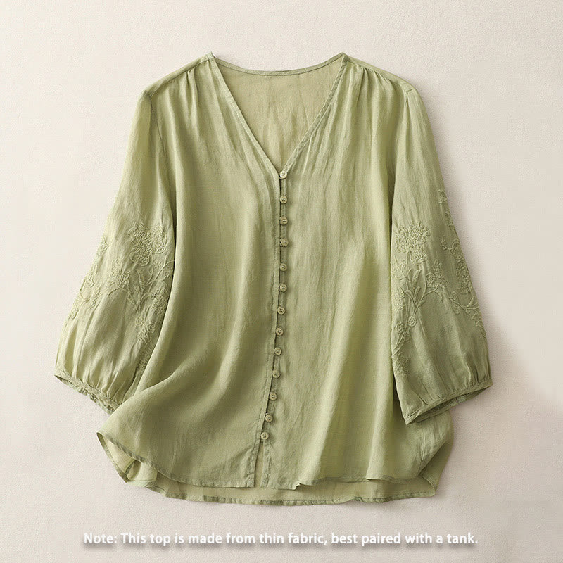 Buddha Stones刺繍ボタンダウンレディースコットンリネンシャツ - image 2