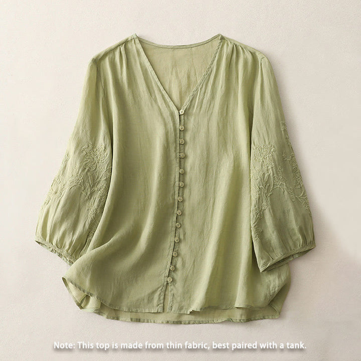 Buddha Stones刺繍ボタンダウンレディースコットンリネンシャツ - image 2