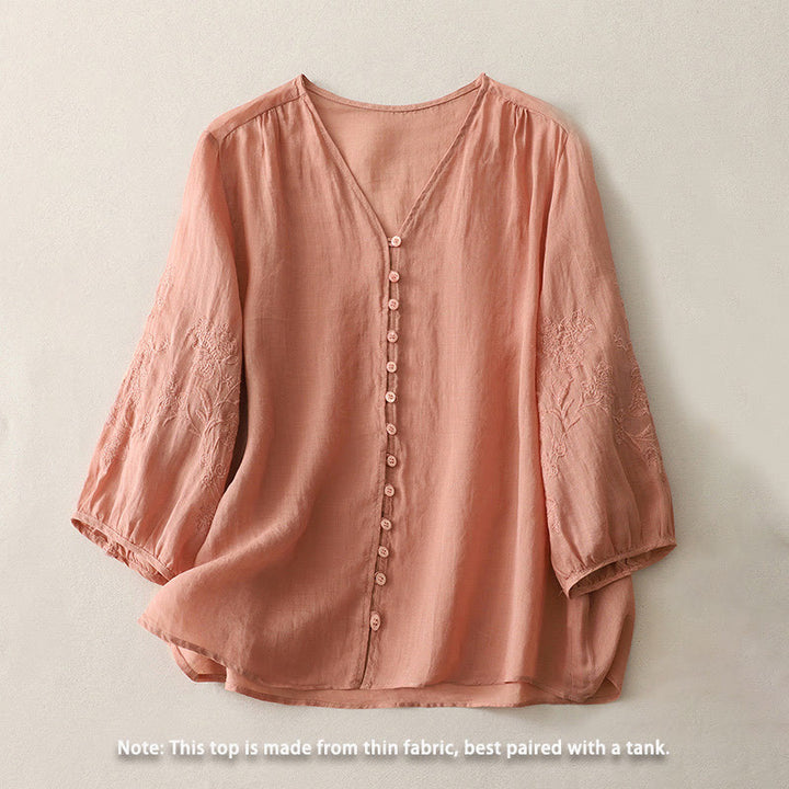 Buddha Stones刺繍ボタンダウンレディースコットンリネンシャツ - image 24