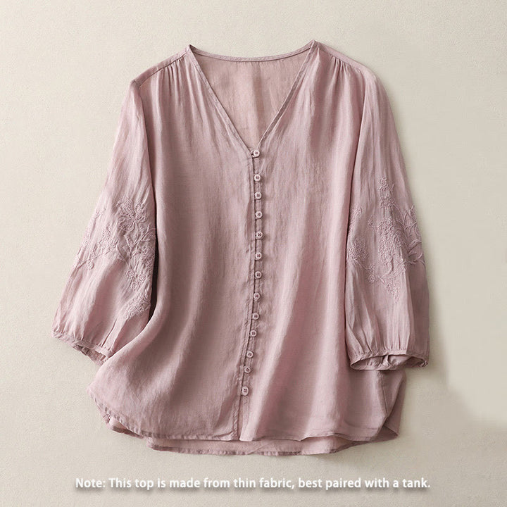 Buddha Stones刺繍ボタンダウンレディースコットンリネンシャツ - image 18