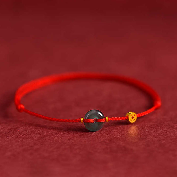 Buddha Stones 平和のお守りチャーム銅貨翡翠赤紐接続ブレスレットアンクレット - アンクレット（円周：16～23cm） - image 0