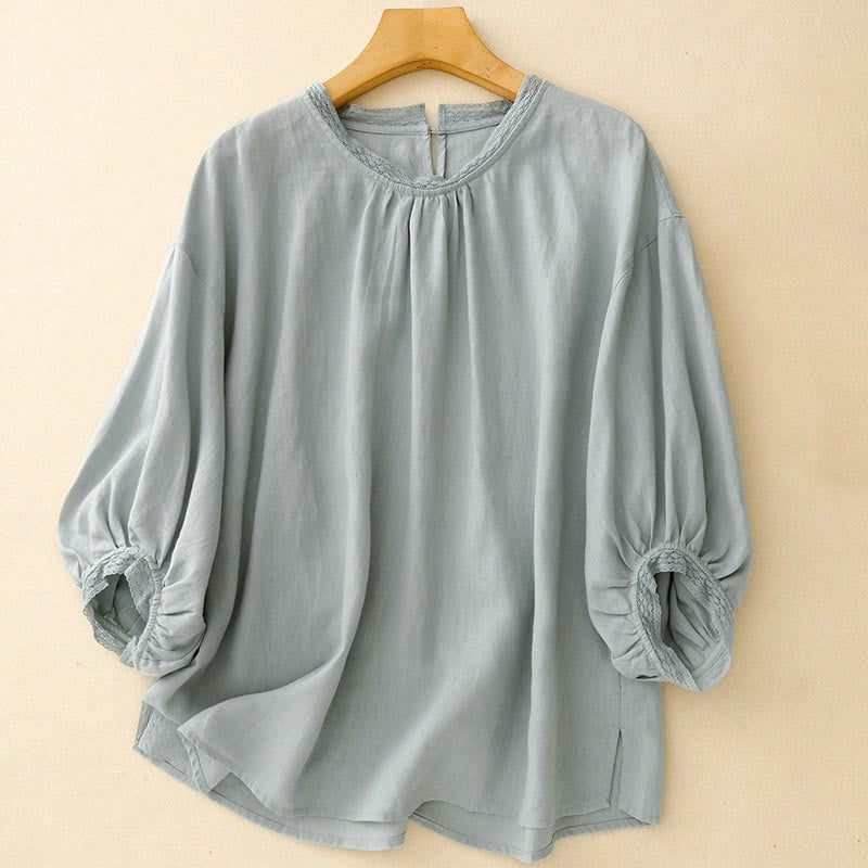 Buddha Stones無地 ランタンスリーブ レディース コットンシャツ - ライトブルー - US12、 UK/AU16、 EU44 (2XL) - image 0