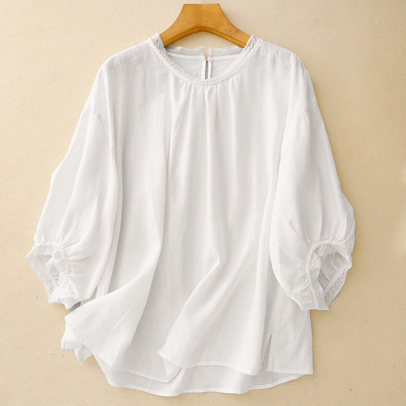 Buddha Stones無地 ランタンスリーブ レディース コットンシャツ - 白 - US12、 UK/AU16、 EU44 (2XL) - image 11