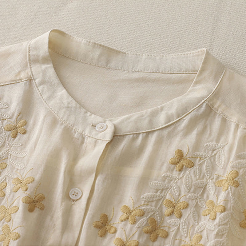 Buddha Stones刺繍花柄シングルブレストレディースコットンリネンシャツ - image 6