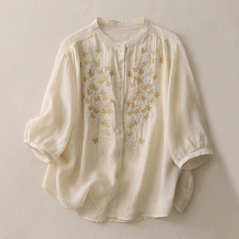 Buddha Stones刺繍花柄シングルブレストレディースコットンリネンシャツ - オールドレース - US14、 UK/AU18、 EU46 (2XL) - image 0