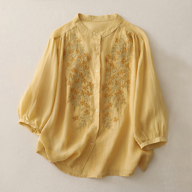 Buddha Stones刺繍花柄シングルブレストレディースコットンリネンシャツ - ゴールデンロッド - US14、 UK/AU18、 EU46 (2XL) - image 7