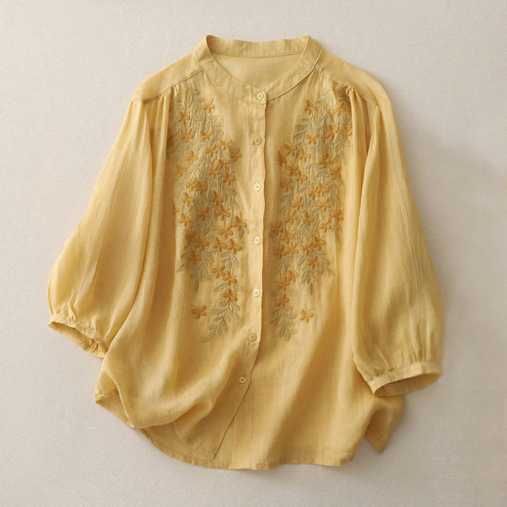 Buddha Stones刺繍花柄シングルブレストレディースコットンリネンシャツ - ゴールデンロッド - US14、 UK/AU18、 EU46 (2XL) - image 7