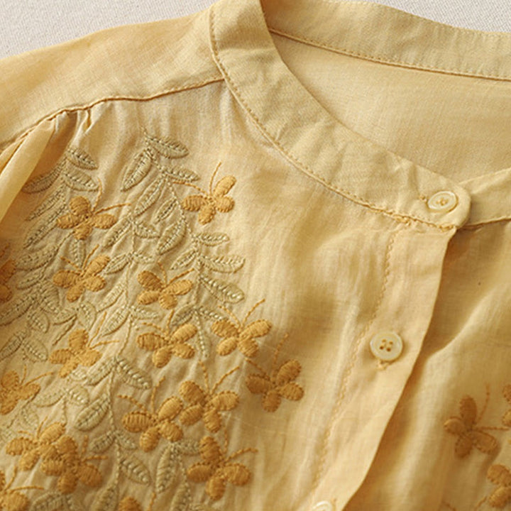 Buddha Stones刺繍花柄シングルブレストレディースコットンリネンシャツ - image 16