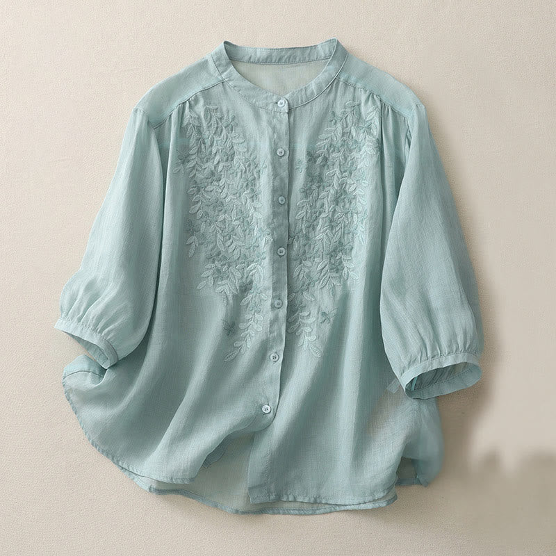 Buddha Stones刺繍花柄シングルブレストレディースコットンリネンシャツ - パウダーブルー - US14、 UK/AU18、 EU46 (2XL) - image 19