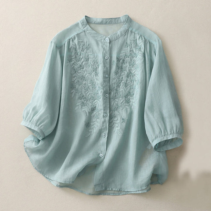 Buddha Stones刺繍花柄シングルブレストレディースコットンリネンシャツ - パウダーブルー - US14、 UK/AU18、 EU46 (2XL) - image 19