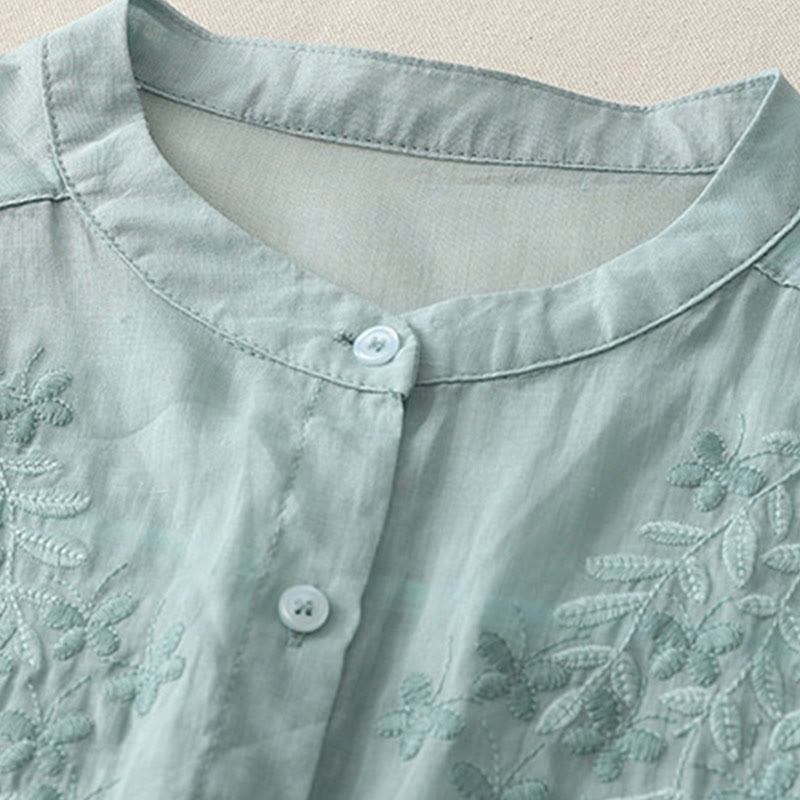 Buddha Stones刺繍花柄シングルブレストレディースコットンリネンシャツ - image 22
