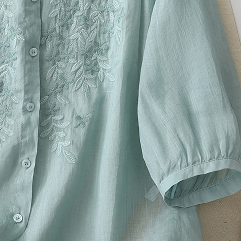 Buddha Stones刺繍花柄シングルブレストレディースコットンリネンシャツ - image 23