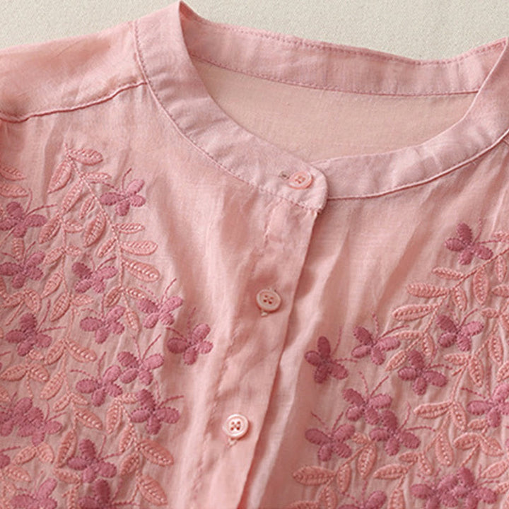 Buddha Stones刺繍花柄シングルブレストレディースコットンリネンシャツ - image 33