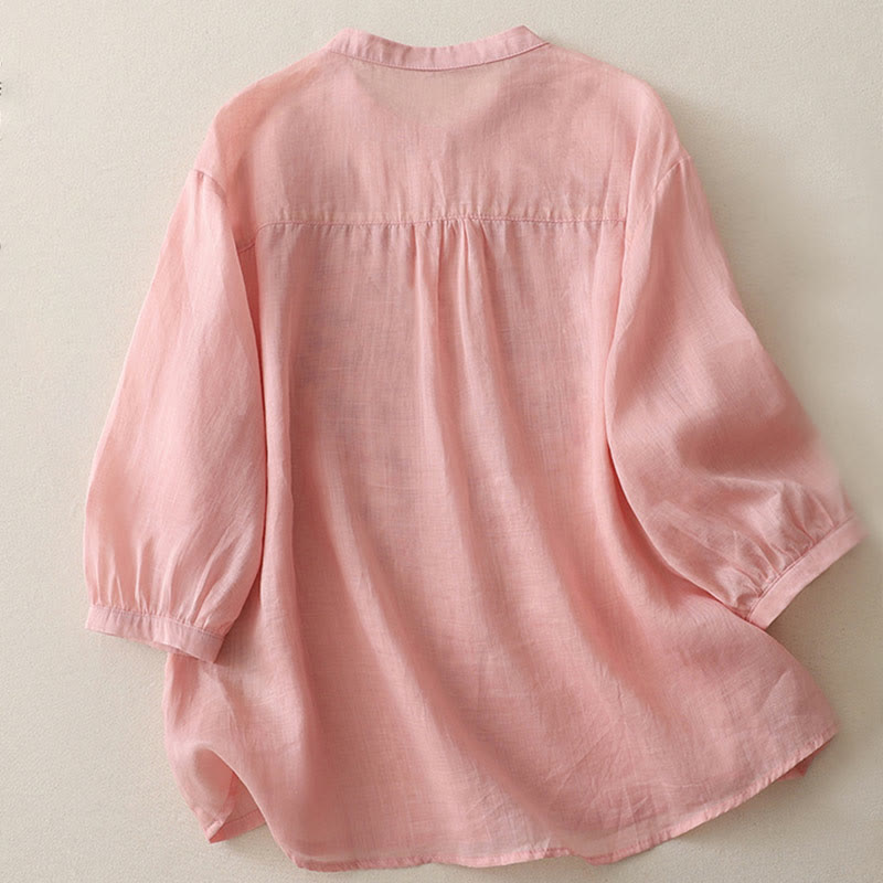 Buddha Stones刺繍花柄シングルブレストレディースコットンリネンシャツ - image 28