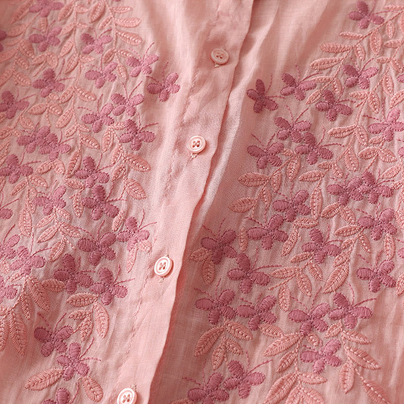 Buddha Stones刺繍花柄シングルブレストレディースコットンリネンシャツ - image 39