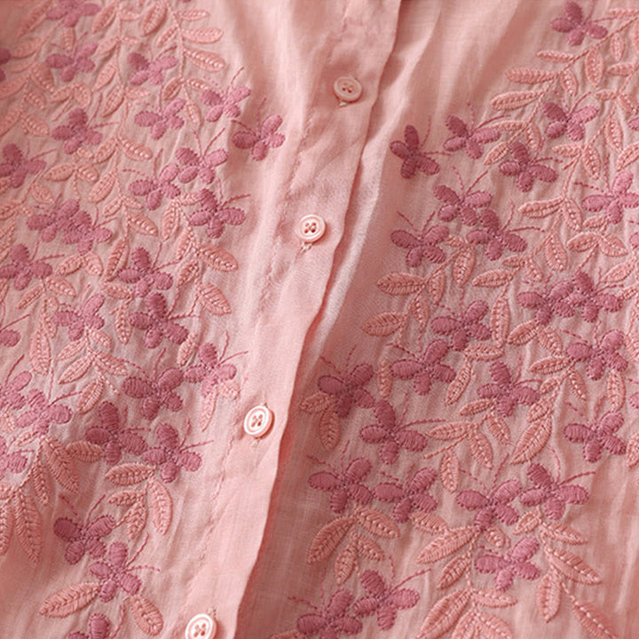 Buddha Stones刺繍花柄シングルブレストレディースコットンリネンシャツ - image 39