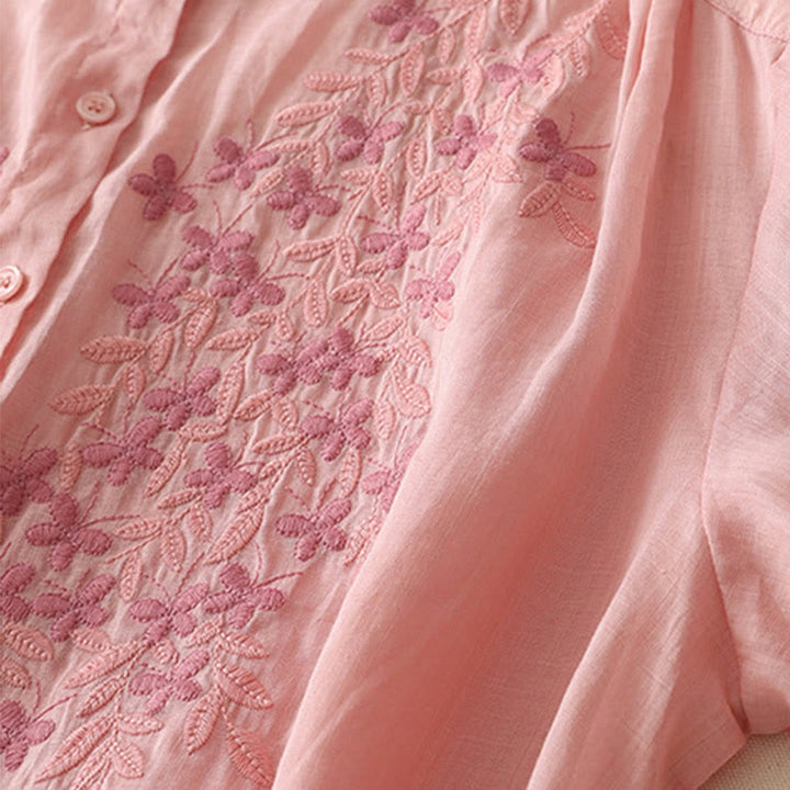 Buddha Stones刺繍花柄シングルブレストレディースコットンリネンシャツ - image 35
