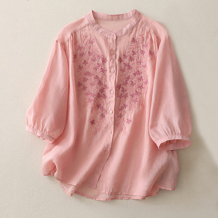 Buddha Stones刺繍花柄シングルブレストレディースコットンリネンシャツ - ピンク - US14、 UK/AU18、 EU46 (2XL) - image 26