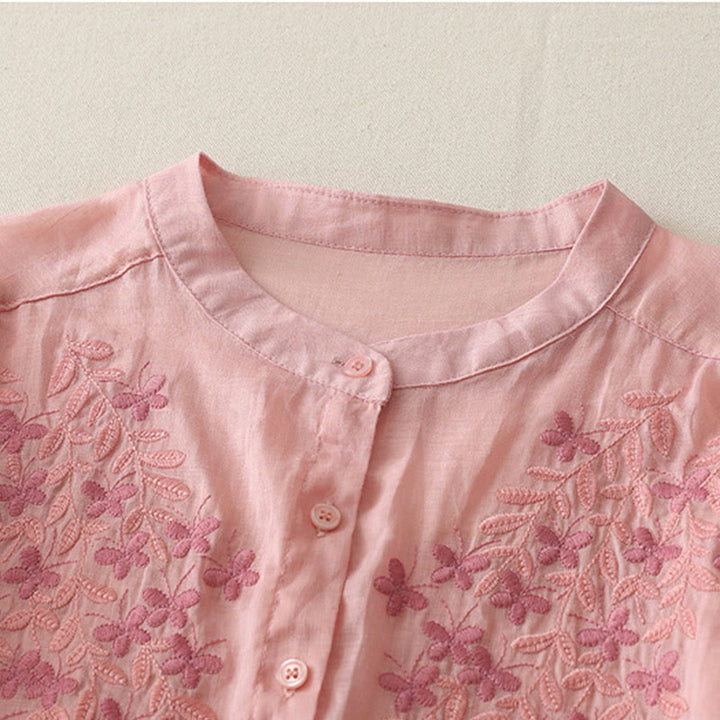 Buddha Stones刺繍花柄シングルブレストレディースコットンリネンシャツ - image 37