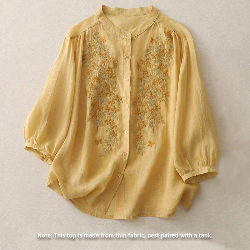Buddha Stones刺繍花柄シングルブレストレディースコットンリネンシャツ - image 8