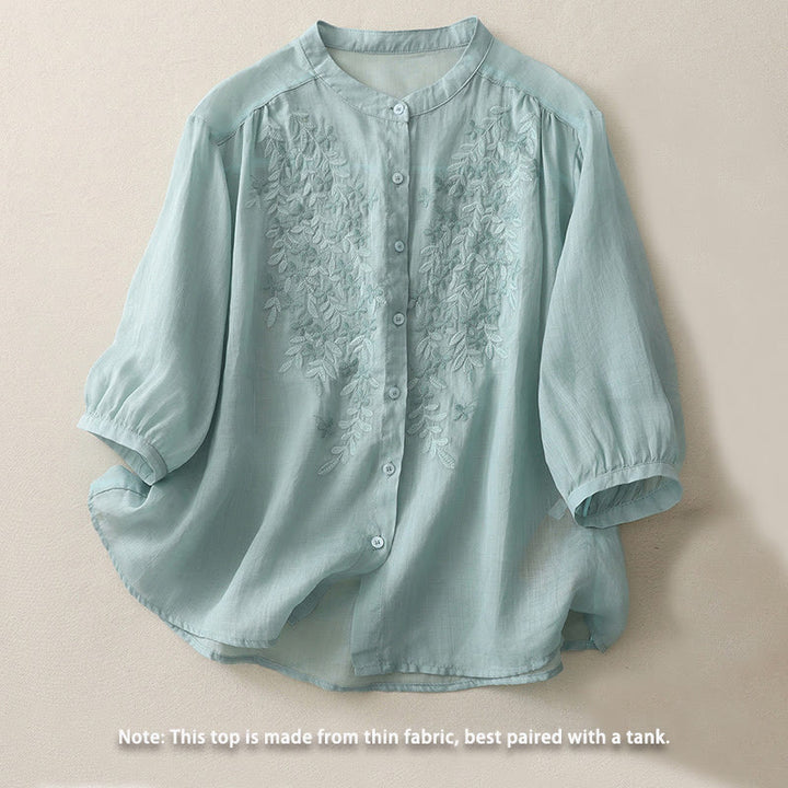 Buddha Stones刺繍花柄シングルブレストレディースコットンリネンシャツ - image 20