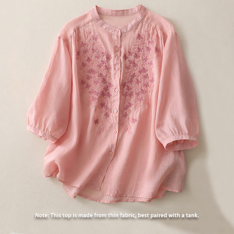 Buddha Stones刺繍花柄シングルブレストレディースコットンリネンシャツ - image 27