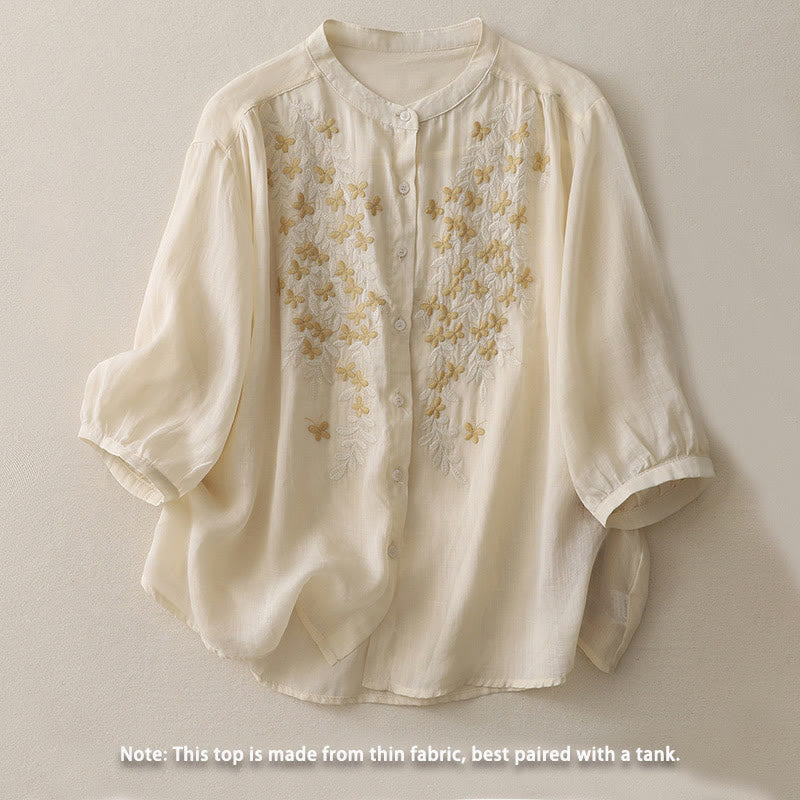 Buddha Stones刺繍花柄シングルブレストレディースコットンリネンシャツ - image 1