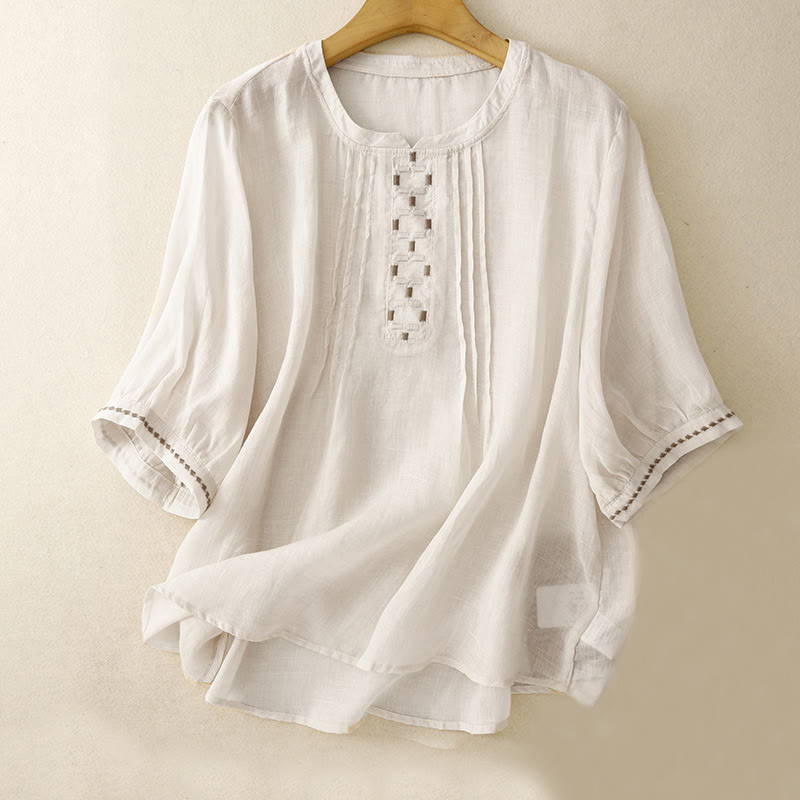 Buddha Stones刺繍クルーネックプリーツレディースコットンリネン半袖Tシャツ - ベージュ - US14、 UK/AU18、 EU46 (2XL) - image 0