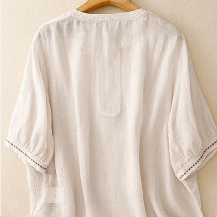 Buddha Stones刺繍クルーネックプリーツレディースコットンリネン半袖Tシャツ - image 3