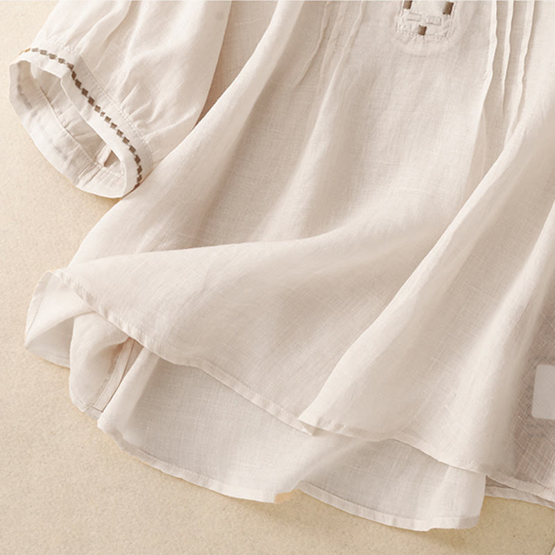 Buddha Stones刺繍クルーネックプリーツレディースコットンリネン半袖Tシャツ - image 10