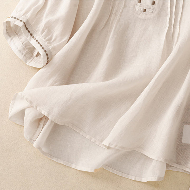 Buddha Stones刺繍クルーネックプリーツレディースコットンリネン半袖Tシャツ - image 10