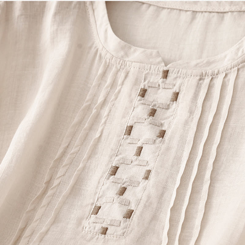 Buddha Stones刺繍クルーネックプリーツレディースコットンリネン半袖Tシャツ - image 9