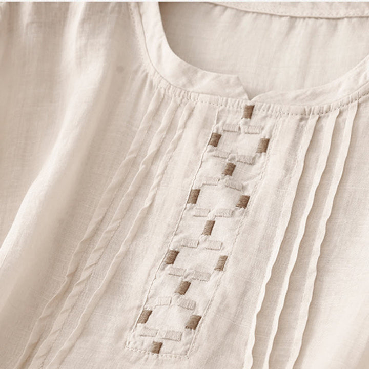 Buddha Stones刺繍クルーネックプリーツレディースコットンリネン半袖Tシャツ - image 9