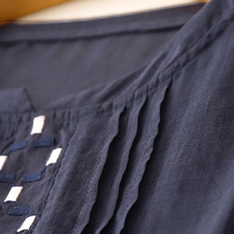 Buddha Stones刺繍クルーネックプリーツレディースコットンリネン半袖Tシャツ - image 14