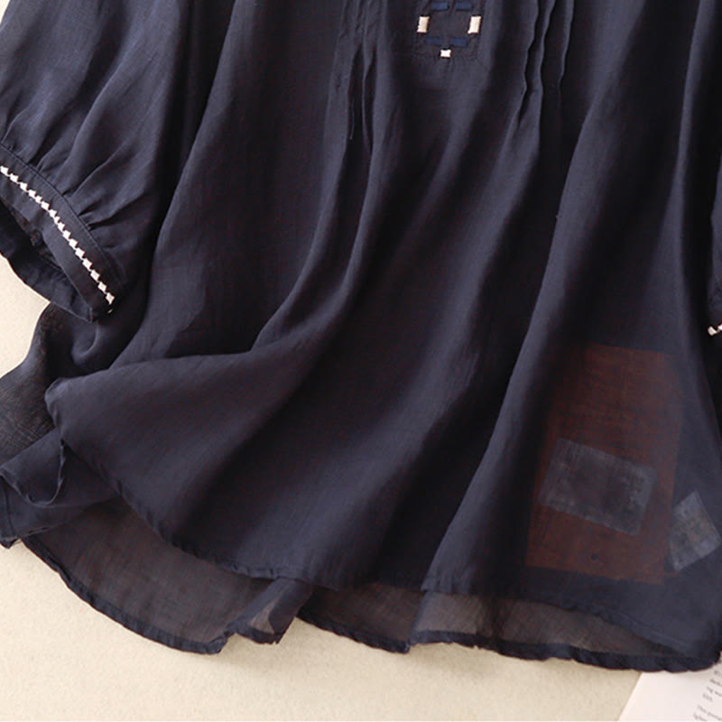 Buddha Stones刺繍クルーネックプリーツレディースコットンリネン半袖Tシャツ - image 15
