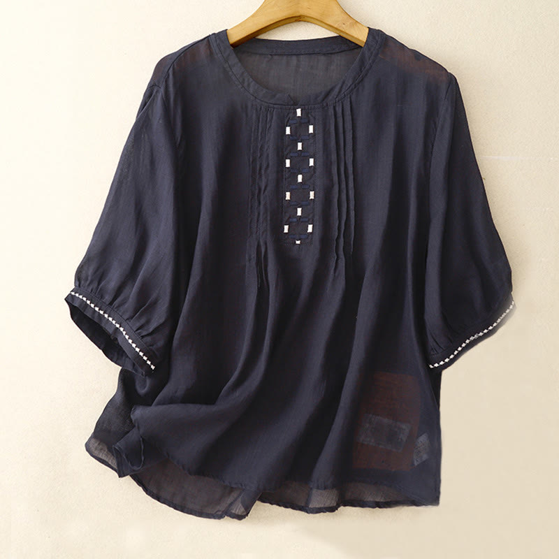 Buddha Stones刺繍クルーネックプリーツレディースコットンリネン半袖Tシャツ - ミッドナイトブルー - US14、 UK/AU18、 EU46 (2XL) - image 11