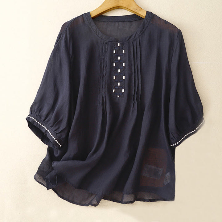 Buddha Stones刺繍クルーネックプリーツレディースコットンリネン半袖Tシャツ - ミッドナイトブルー - US14、 UK/AU18、 EU46 (2XL) - image 11