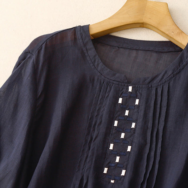 Buddha Stones刺繍クルーネックプリーツレディースコットンリネン半袖Tシャツ - image 16